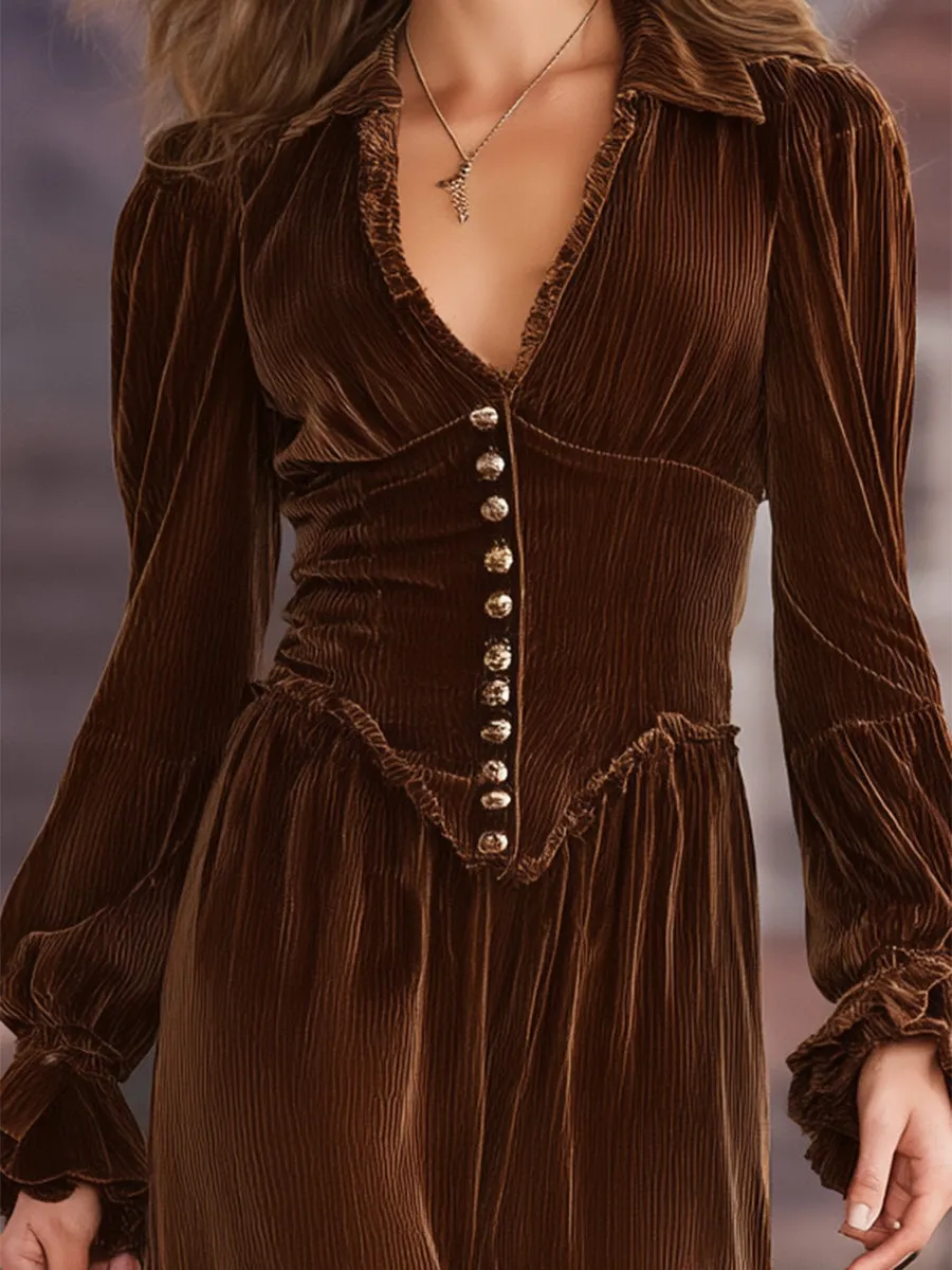 Western Brown Corduroy V-neck Ruffle Maxi Dress sold by Oyrosy product image thumbnail 4