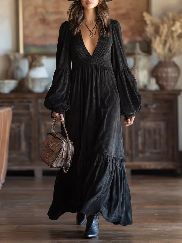 Western Black Faux Suede Textured V-Neck Elastic Maxi Dress sold by Oyrosy