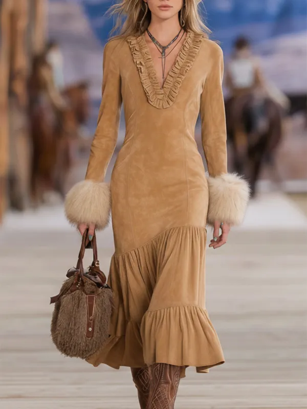 Western Brown Faux Suede V-neck Ruffled Cuffs And Fur-trimmed Midi Dress sold by Oyrosy
