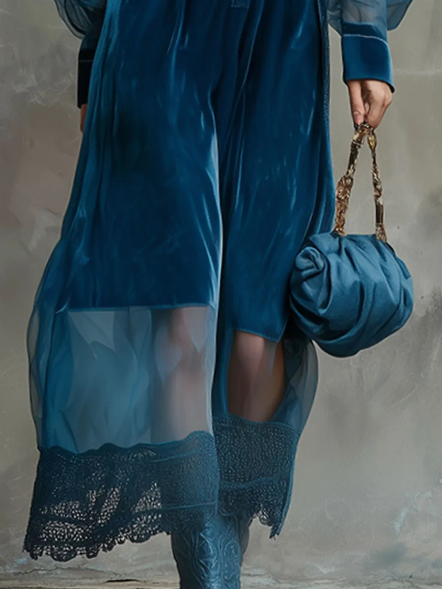 Retro Loose-fitting Blue Lace Velvet Button Midi Dress sold by Oyrosy product image thumbnail 4