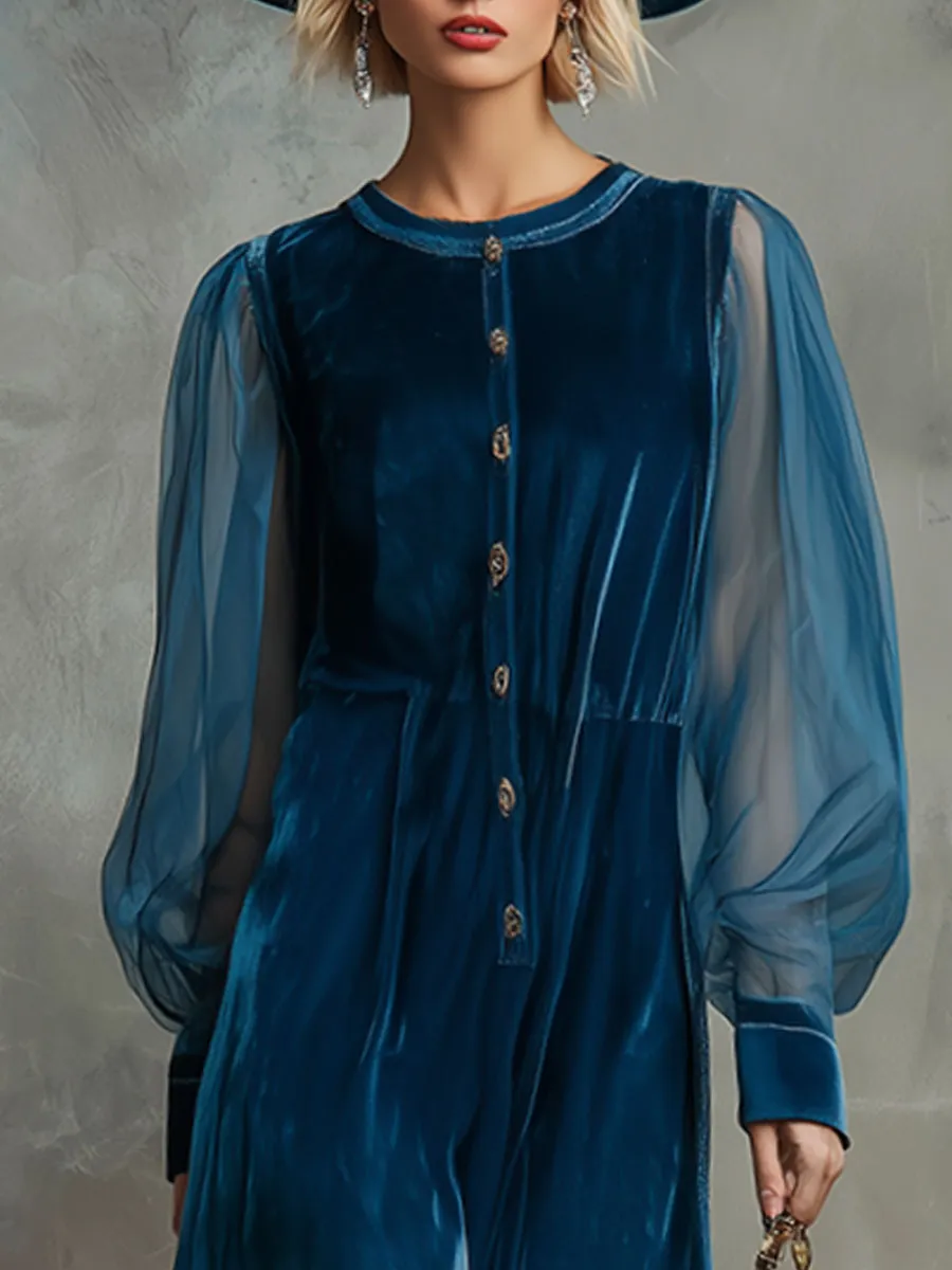Retro Loose-fitting Blue Lace Velvet Button Midi Dress sold by Oyrosy product image thumbnail 3