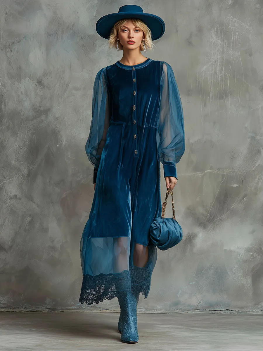 Retro Loose-fitting Blue Lace Velvet Button Midi Dress sold by Oyrosy product image thumbnail 2