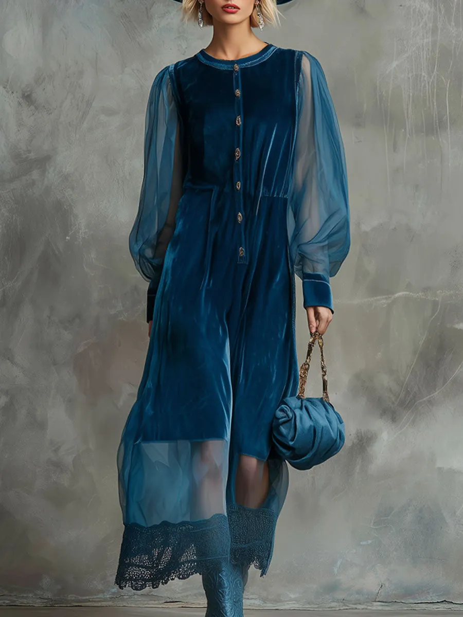 Retro Loose-fitting Blue Lace Velvet Button Midi Dress sold by Oyrosy