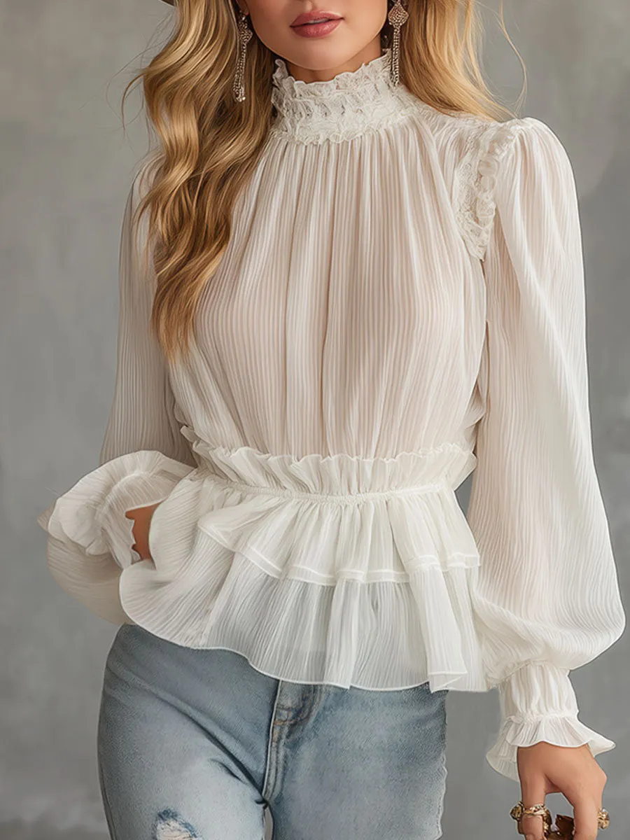 Stylish And Elegant White Chiffon Lace Ruffled Shirt sold by Oyrosy