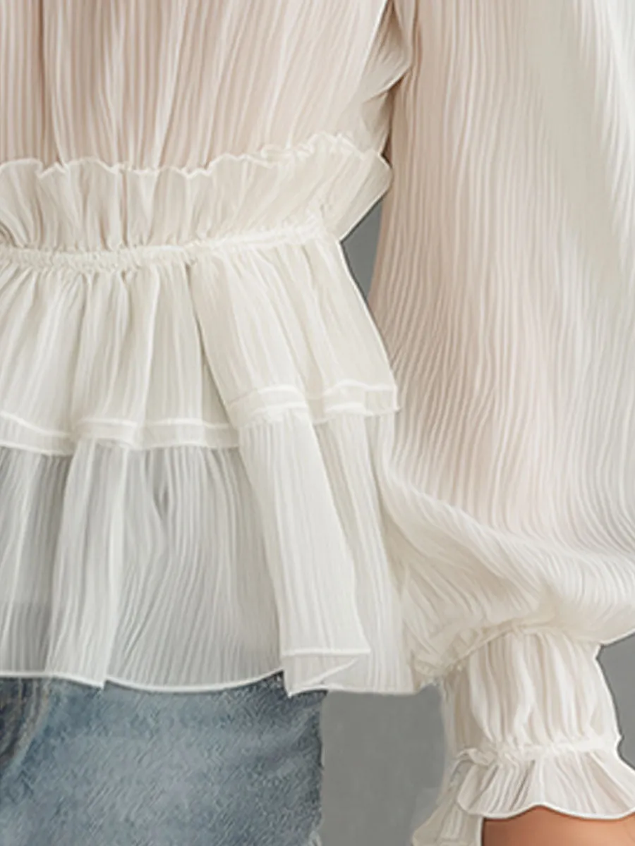 Stylish And Elegant White Chiffon Lace Ruffled Shirt sold by Oyrosy product image thumbnail 4