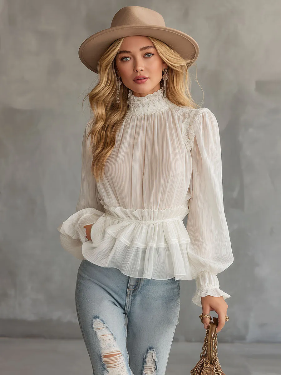 Stylish And Elegant White Chiffon Lace Ruffled Shirt sold by Oyrosy product image thumbnail 2
