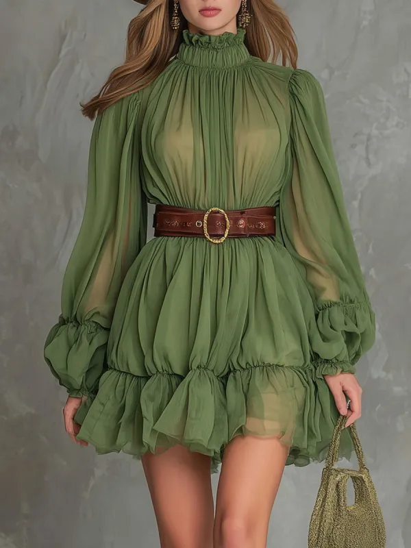 Stylish And Elegant Green Chiffon Puff Sleeve Ruffle Mini Dress sold by Oyrosy