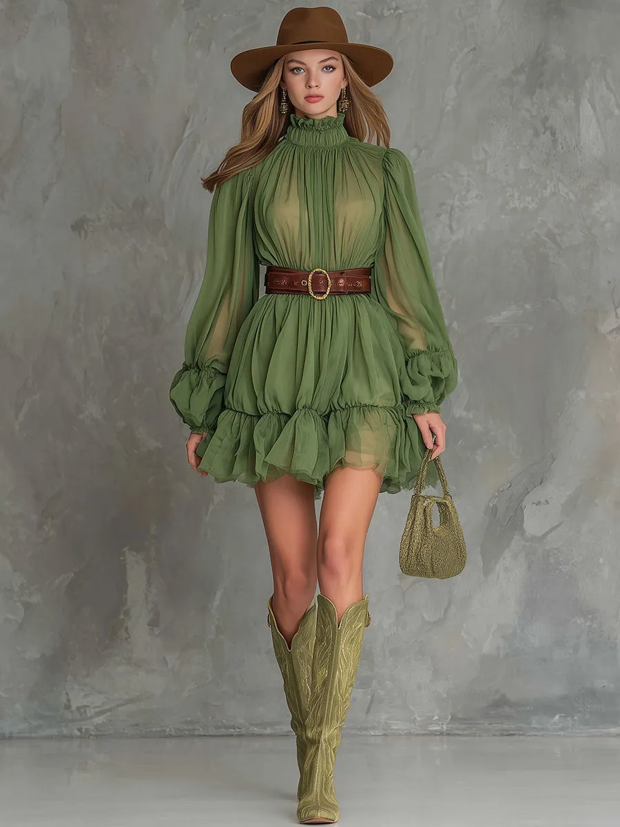 Stylish And Elegant Green Chiffon Puff Sleeve Ruffle Mini Dress sold by Oyrosy product image thumbnail 2