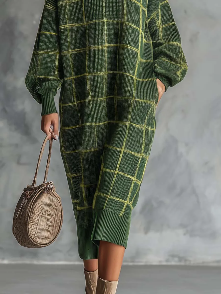 Retro Fashion Comfortable Loose-fitting Crew Neck Green Plaid Knit Midi Dress sold by Oyrosy product image thumbnail 4