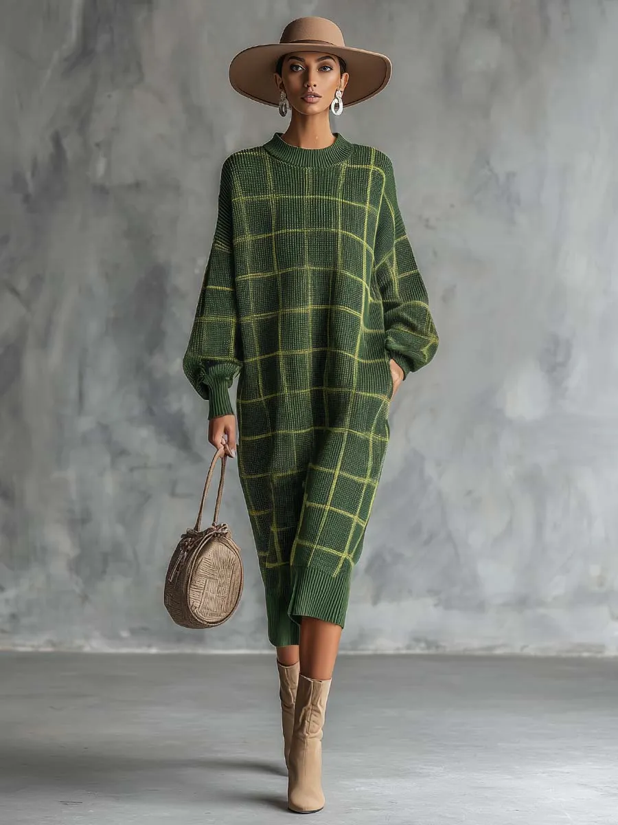 Retro Fashion Comfortable Loose-fitting Crew Neck Green Plaid Knit Midi Dress sold by Oyrosy product image thumbnail 2