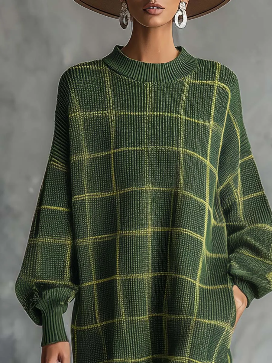 Retro Fashion Comfortable Loose-fitting Crew Neck Green Plaid Knit Midi Dress sold by Oyrosy product image thumbnail 3
