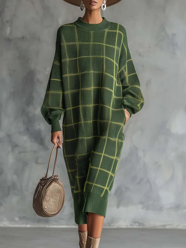 Retro Fashion Comfortable Loose-fitting Crew Neck Green Plaid Knit Midi Dress sold by Oyrosy