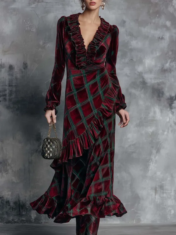 Elegant Retro Ruffled V-neck And Hem Green Plaid Pattern Burgundy Velvet Maxi Dress sold by Oyrosy