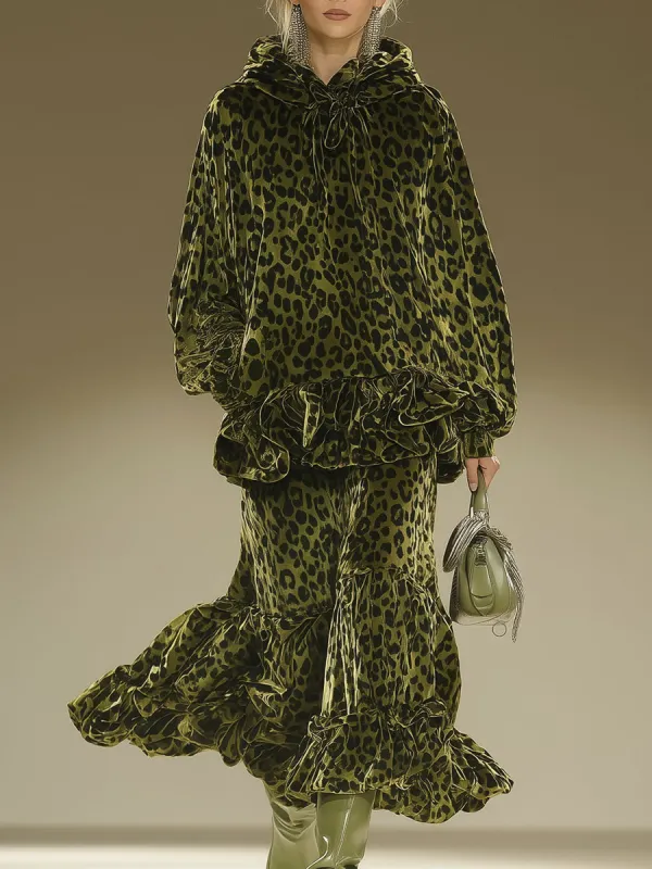 Casual Retro Green Leopard Print Velvet Print Midi Skirt Set sold by Oyrosy