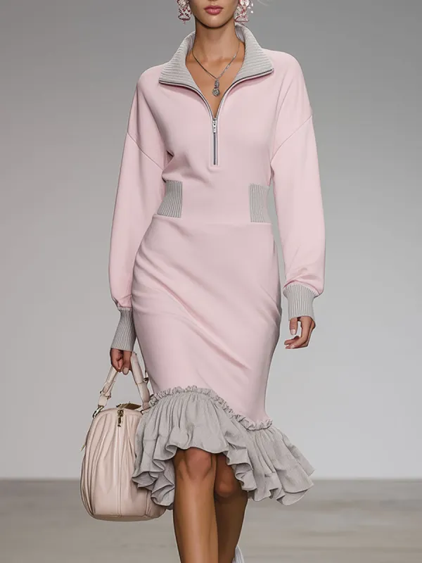 Stylish And Casual Grey Ruffled Pink Cotton Midi Dress sold by Oyrosy