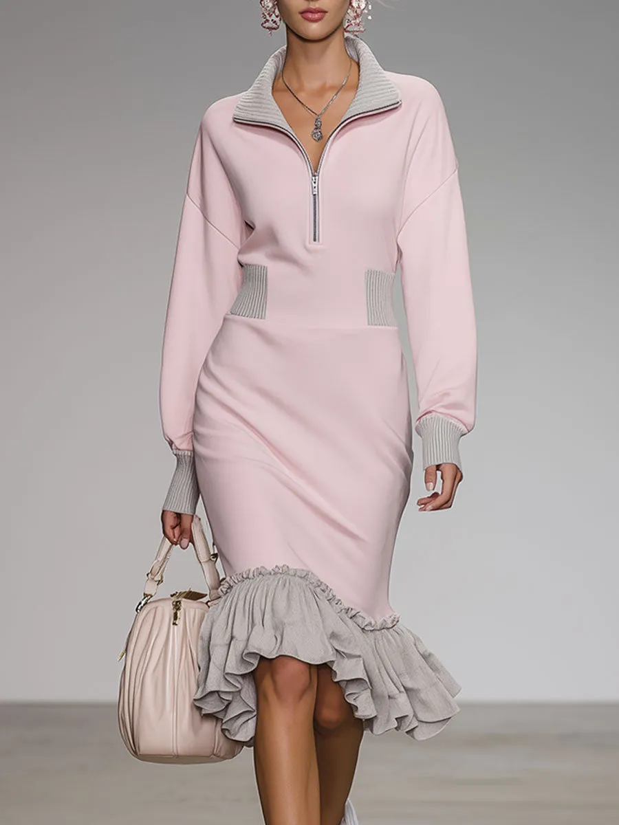 Stylish And Casual Grey Ruffled Pink Cotton Midi Dress sold by Oyrosy