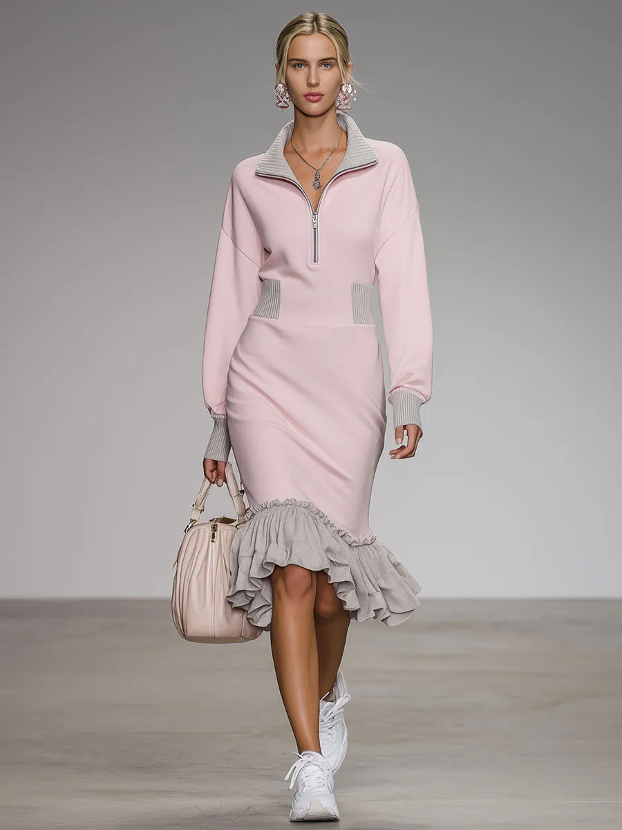 Stylish And Casual Grey Ruffled Pink Cotton Midi Dress sold by Oyrosy product image thumbnail 2