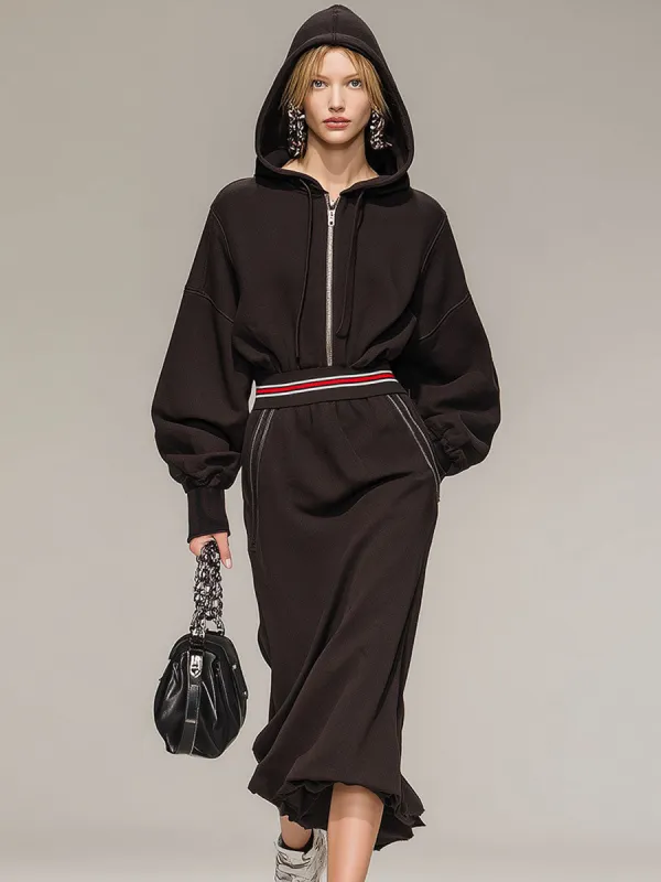 Stylish And Casual Brown Hooded Half-zip Cotton Midi Dress sold by Oyrosy