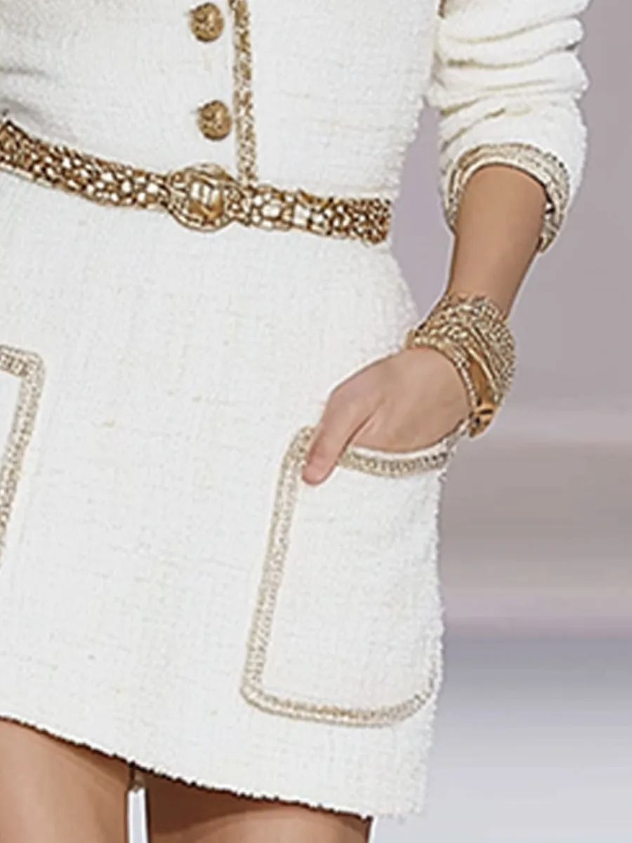Stylish And Elegant White Tweed Mini Dress With Gold Buttons sold by Oyrosy product image thumbnail 4