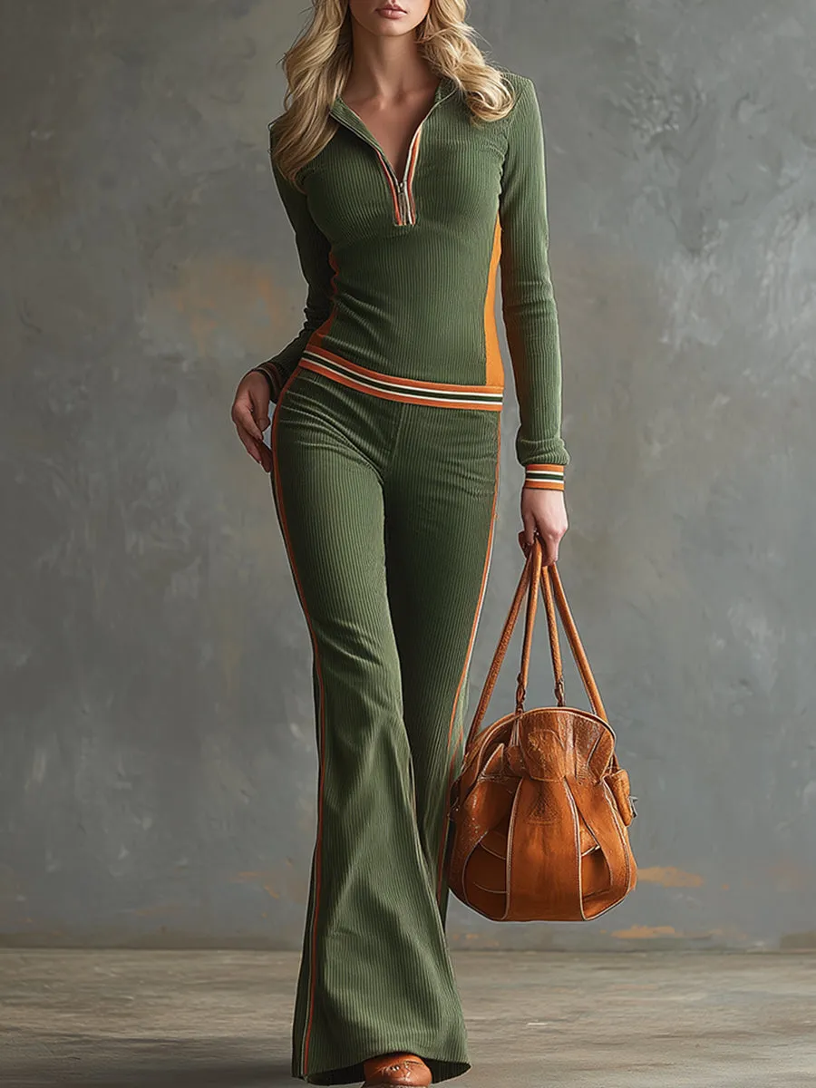 Trendy Sporty Color-blocked Olive Green Corduroy Top And Wide-leg Pants Set sold by Oyrosy