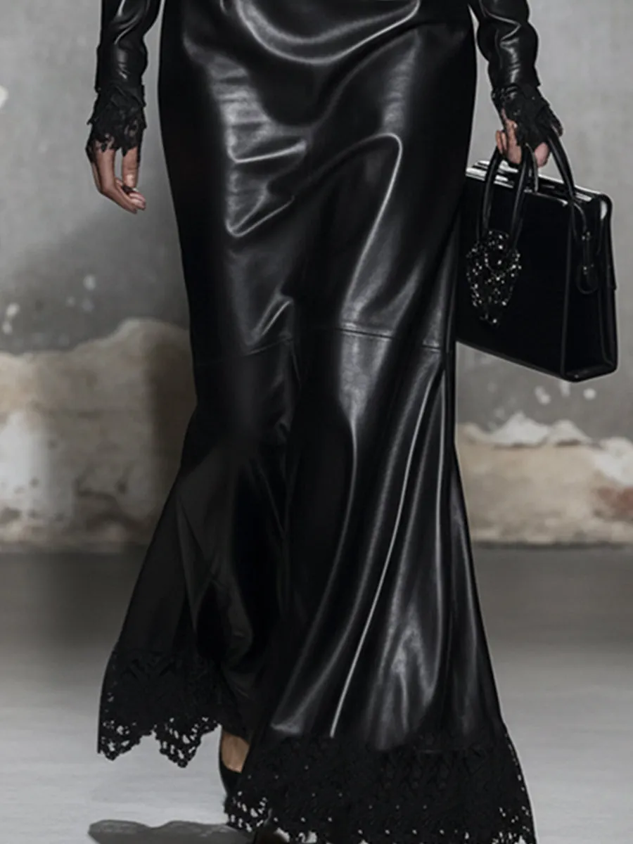 Elegant And Classic Black Slightly Stretchy Faux Leather Lace-trimmed Maxi Dress sold by Oyrosy product image thumbnail 4