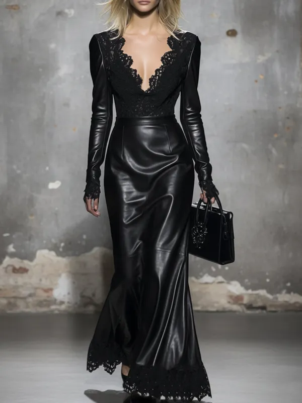 Elegant And Classic Black Slightly Stretchy Faux Leather Lace-trimmed Maxi Dress sold by Oyrosy