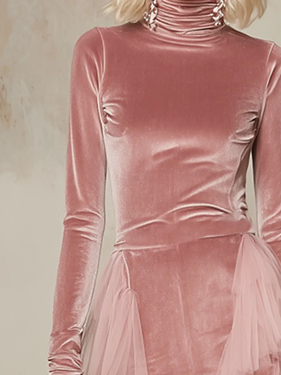 Elegant And Gentle Pink Velvet Organza Trimmed Maxi Dress sold by Oyrosy product image thumbnail 3