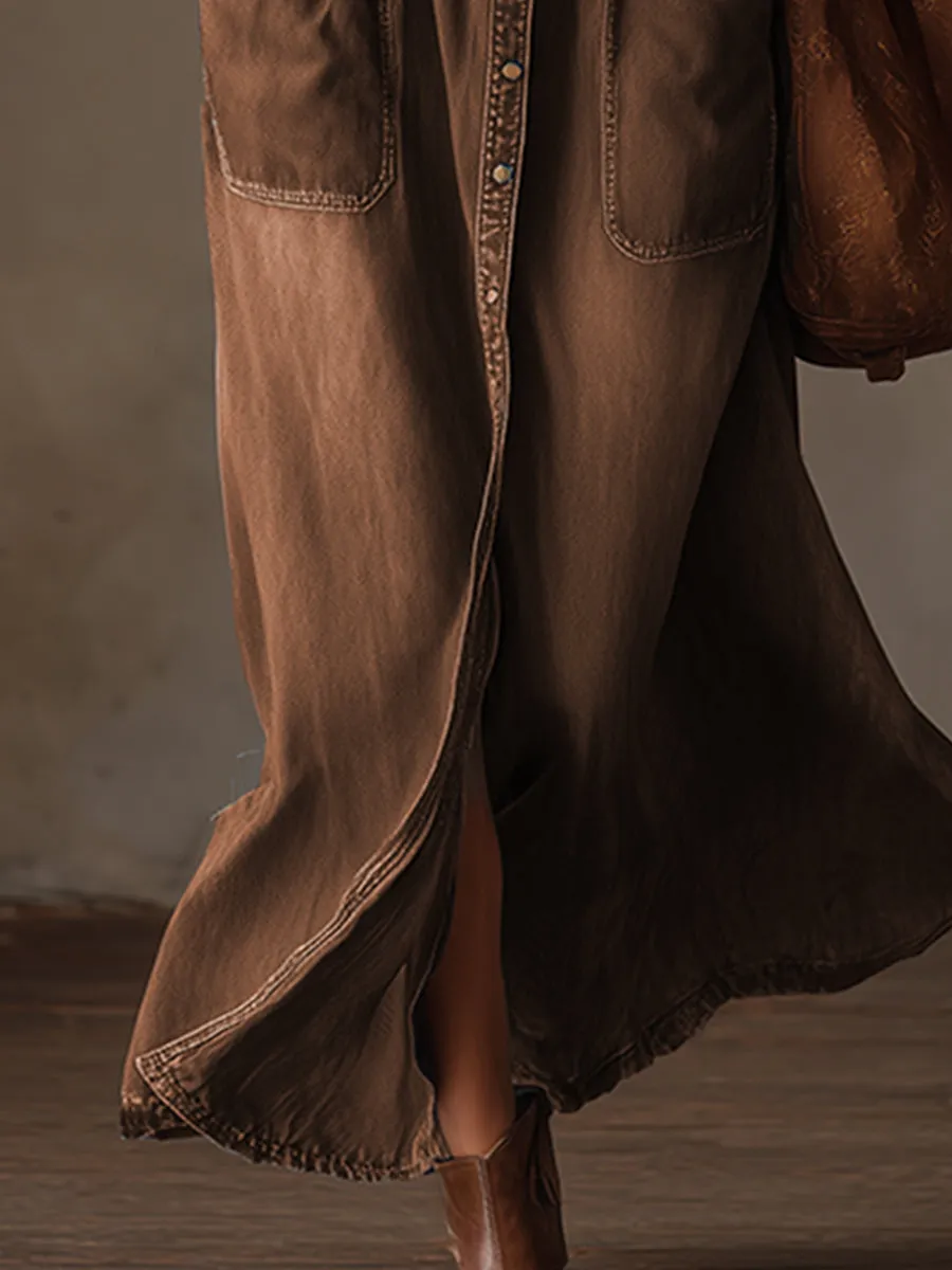 Vintage Western Collar Brown Denim Front Button-Down Maxi Dress sold by Oyrosy product image thumbnail 4