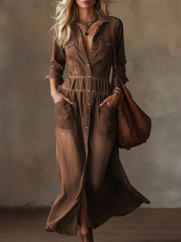 Vintage Western Collar Brown Denim Front Button-Down Maxi Dress sold by Oyrosy