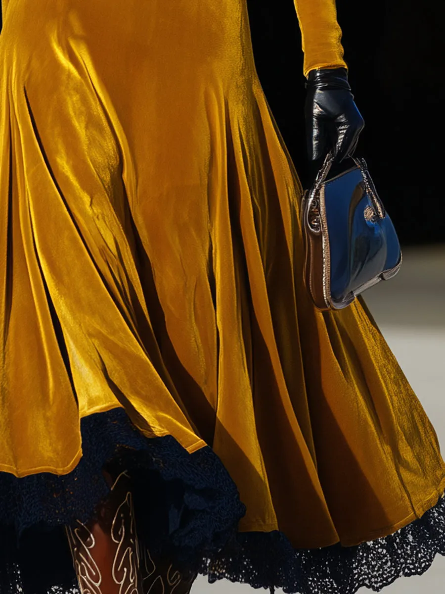 Elegant Gold Velvet Round Neckline, Openwork Skirt, And Black Lace Maxi Dress sold by Oyrosy product image thumbnail 3