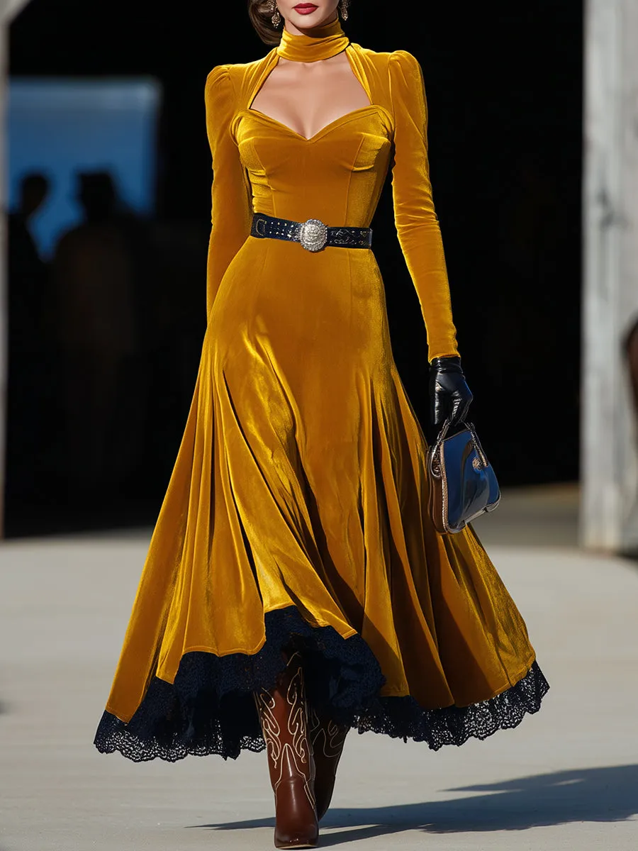 Elegant Gold Velvet Round Neckline, Openwork Skirt, And Black Lace Maxi Dress sold by Oyrosy