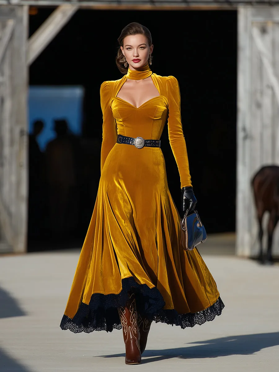 Elegant Gold Velvet Round Neckline, Openwork Skirt, And Black Lace Maxi Dress sold by Oyrosy product image thumbnail 2