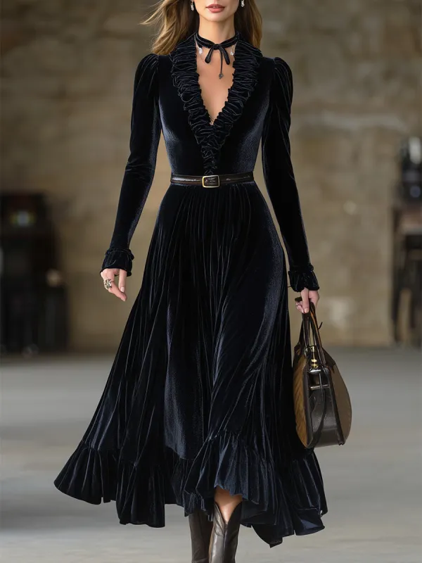 Stylish Black Velvet V-neck Ruffled Maxi Dress With Belt sold by Oyrosy