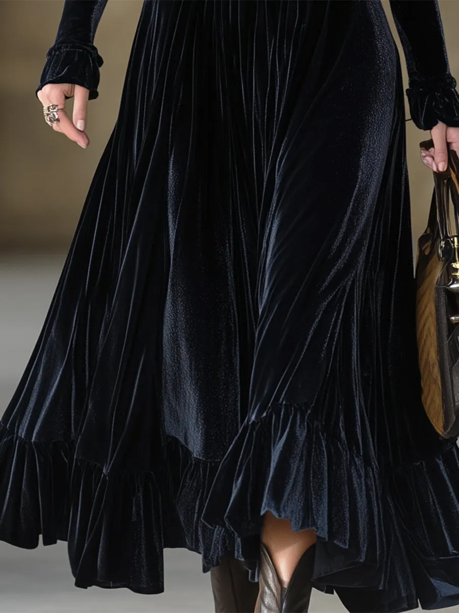 Stylish Black Velvet V-neck Ruffled Maxi Dress With Belt sold by Oyrosy product image thumbnail 3