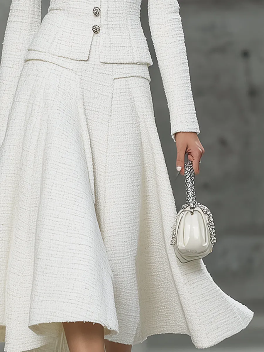 Elegant White Tweed Round Neck Button-down Jacket And Flared Skirt Set sold by Oyrosy product image thumbnail 4