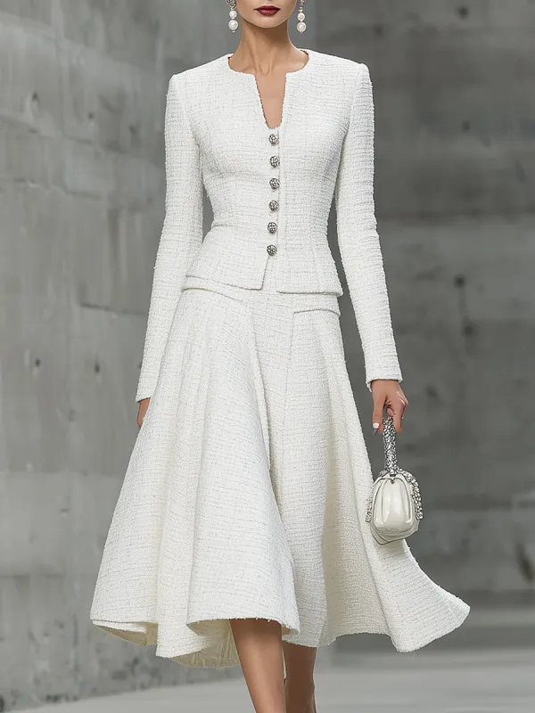 Elegant White Tweed Round Neck Button-down Jacket And Flared Skirt Set sold by Oyrosy