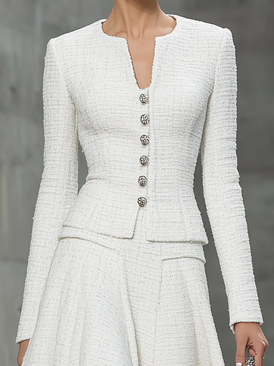 Elegant White Tweed Round Neck Button-down Jacket And Flared Skirt Set sold by Oyrosy product image thumbnail 3