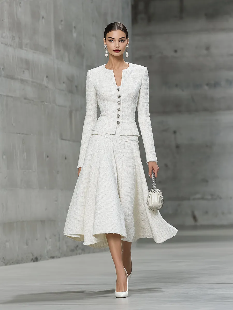Elegant White Tweed Round Neck Button-down Jacket And Flared Skirt Set sold by Oyrosy product image thumbnail 2