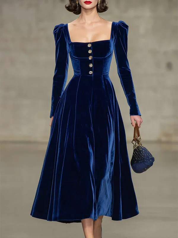 Elegant Blue Velvet Square Neck Button Midi Dress sold by Oyrosy