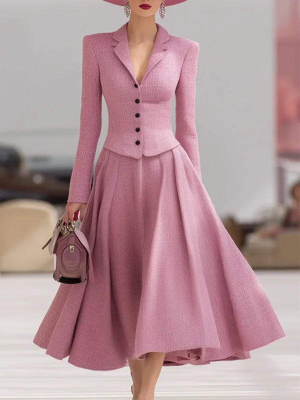 Elegant Pink Tweed Lapel Coat And Skirt Set sold by Oyrosy