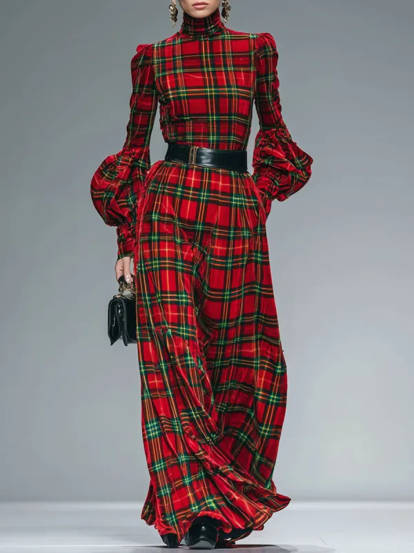 Trendy Retro Red And Green Plaid Velvet Lantern Sleeve Maxi Dress sold by Oyrosy