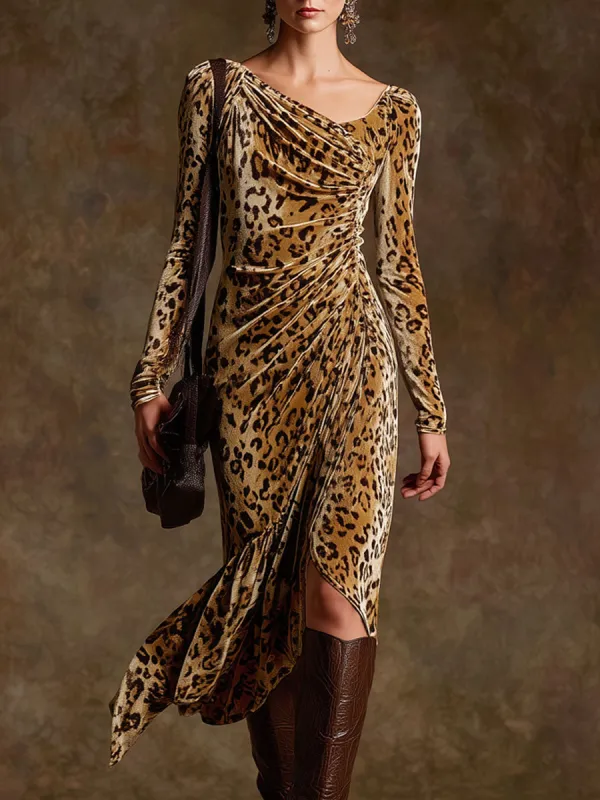 Trendy Retro Leopard Print Camel Velvet Long-sleeved Pleated Midi Dress sold by Oyrosy