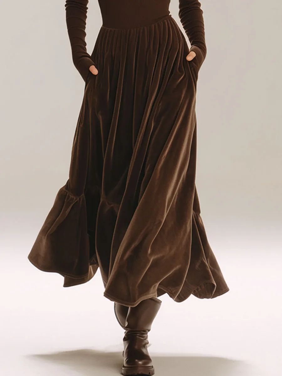 Stylish Retro Brown Knit Velvet Long-Sleeved Pleated Midi Dress sold by Oyrosy product image thumbnail 4