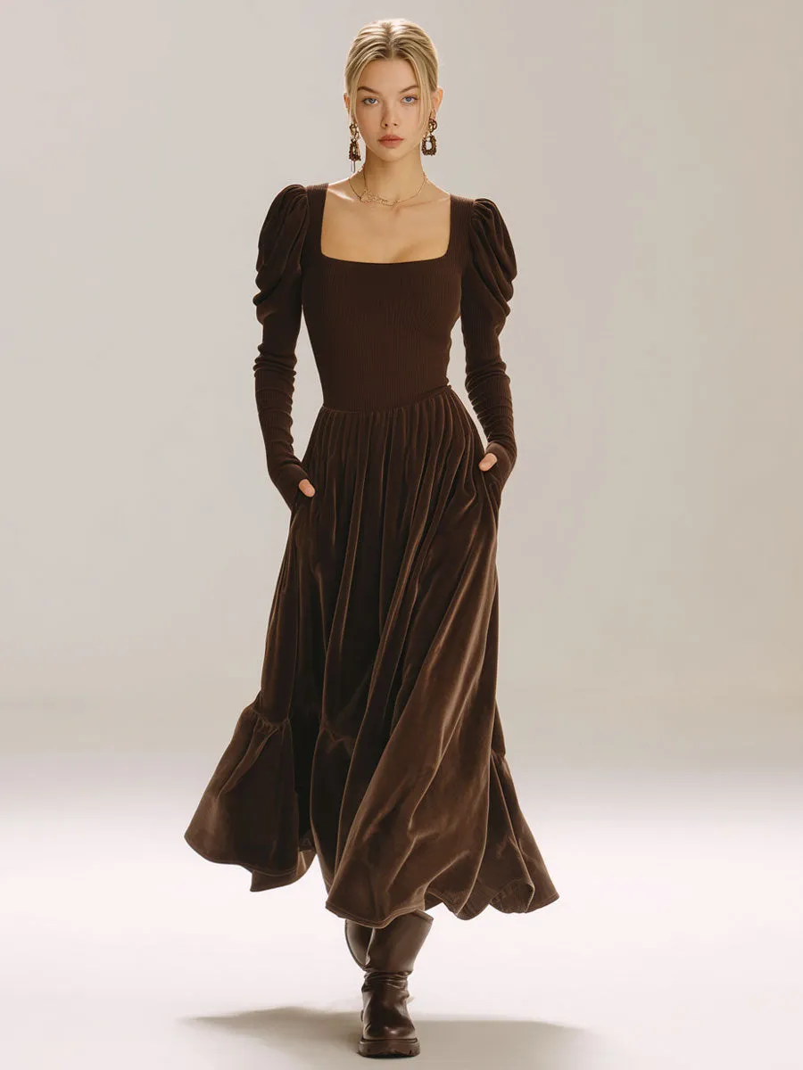 Stylish Retro Brown Knit Velvet Long-Sleeved Pleated Midi Dress sold by Oyrosy product image thumbnail 3