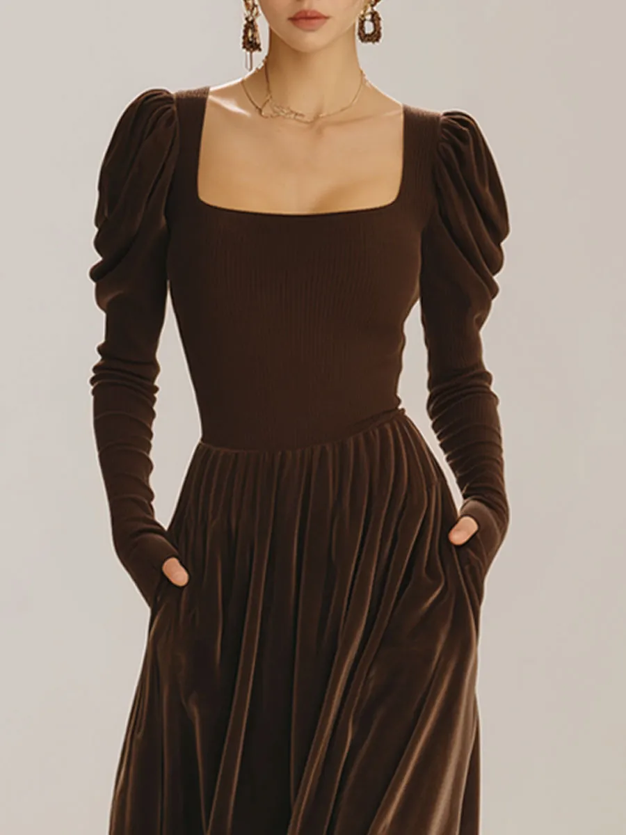 Stylish Retro Brown Knit Velvet Long-Sleeved Pleated Midi Dress sold by Oyrosy product image thumbnail 2