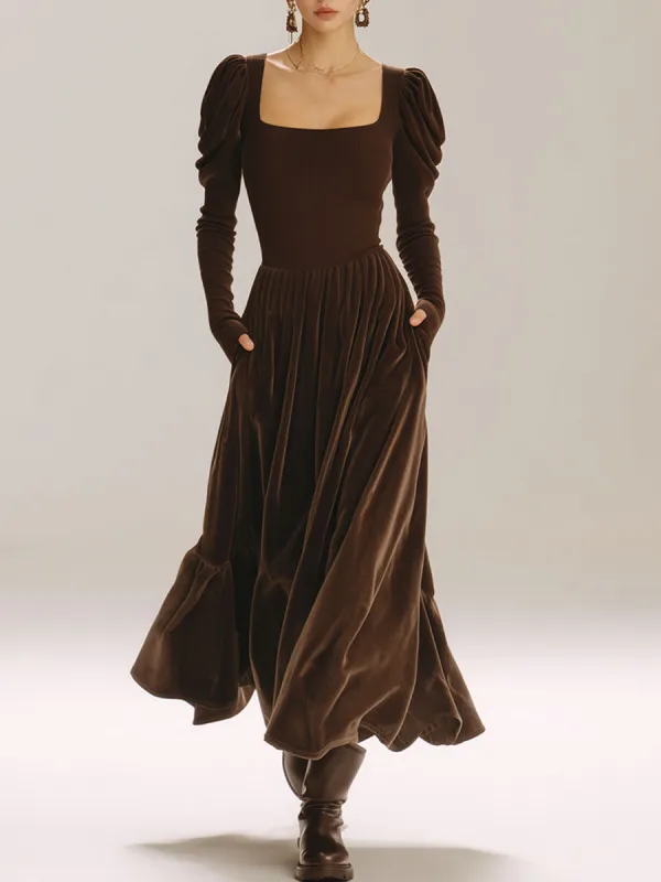 Stylish Retro Brown Knit Velvet Long-Sleeved Pleated Midi Dress sold by Oyrosy