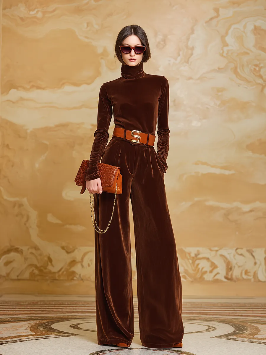 High-end And Fashionable High-neck Long-sleeved Top And Wide-leg Pants Velvet Set sold by Oyrosy product image thumbnail 2