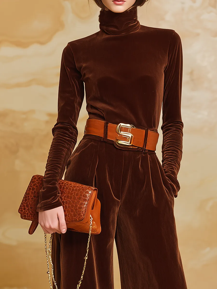 High-end And Fashionable High-neck Long-sleeved Top And Wide-leg Pants Velvet Set sold by Oyrosy product image thumbnail 3