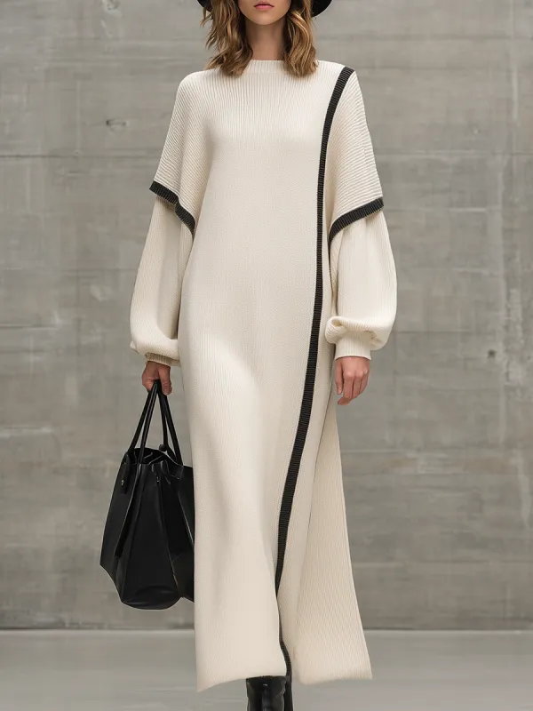 Loose-fitting Black Striped Faux Two-piece Sleeve White Knit Maxi Dress sold by Oyrosy