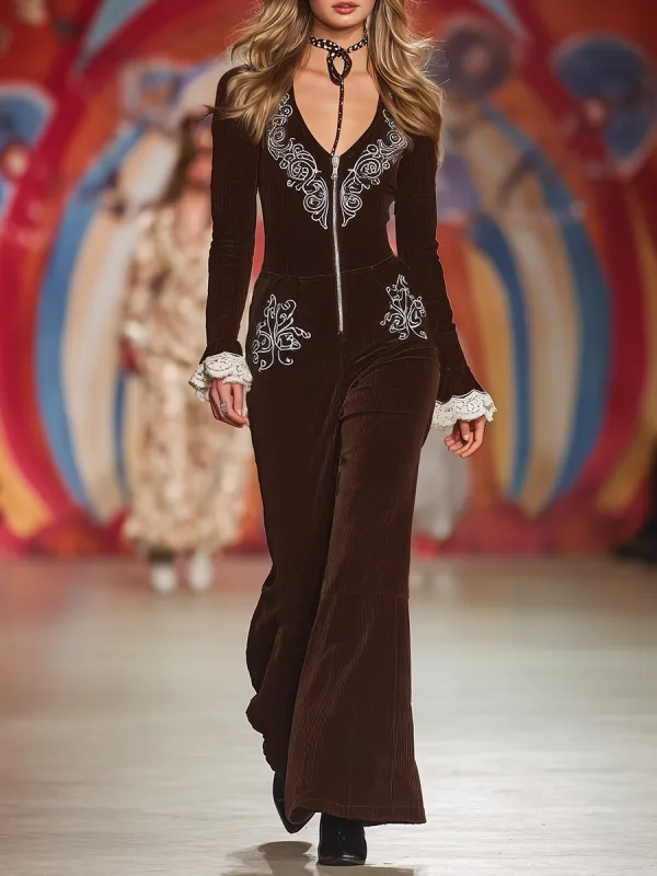 Retro Western Style White Embroidered V-neck Brown Corduroy Jumpsuit sold by Oyrosy
